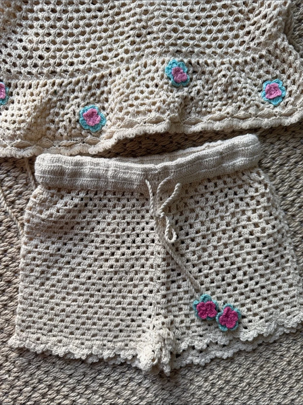 Handmade Crochet Tank Top & Shorts Set - Cream with Pink & Teal Flower Accents